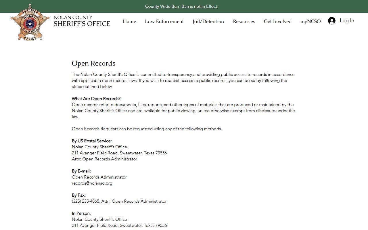 Nolan County Sheriff Open Records request information for booking photographs