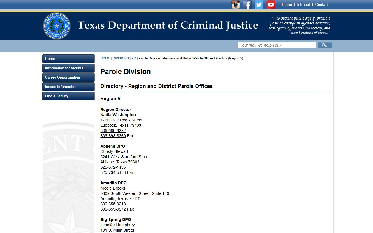 Abilene District Parole Office release supervision listing for Nolan County