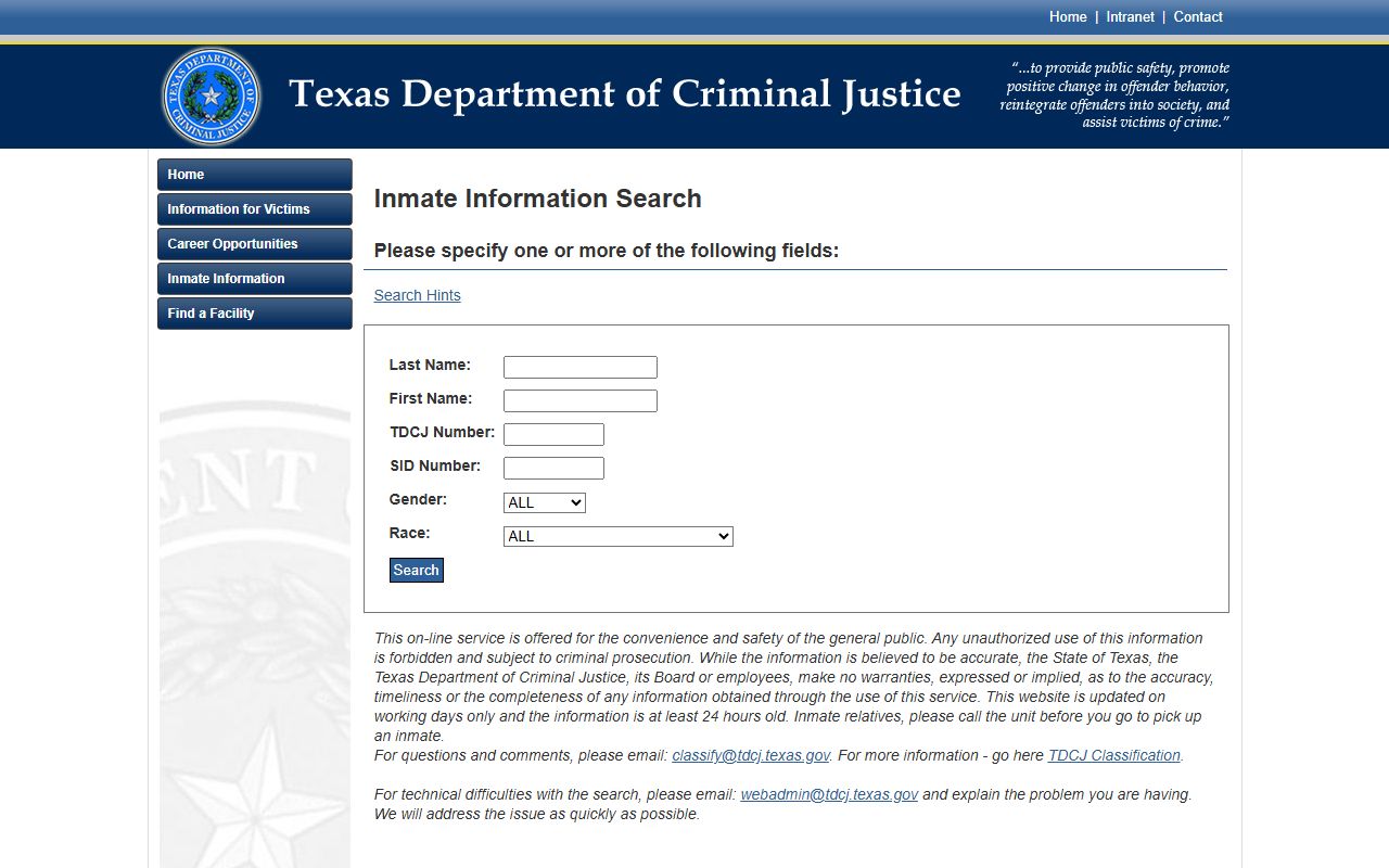 Texas Department of Criminal Justice offender search form for release-date research