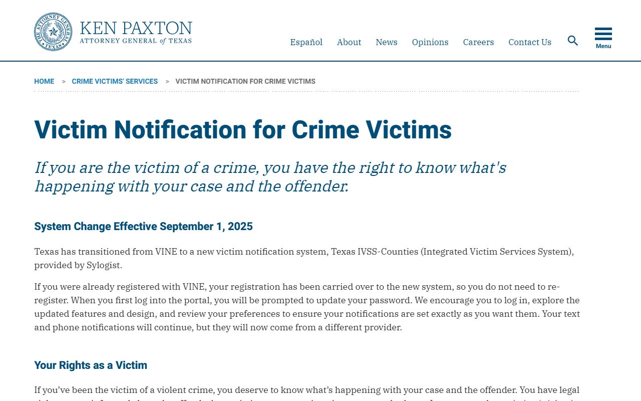 Texas Attorney General page explaining the change from VINE to IVSS